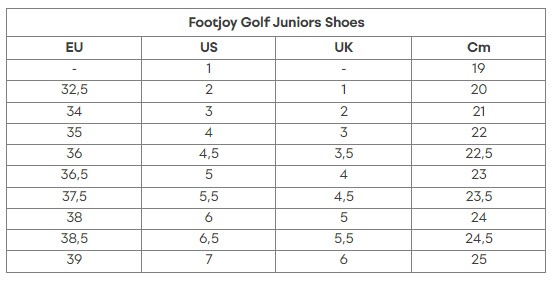 Footjoy junior footwear size tab